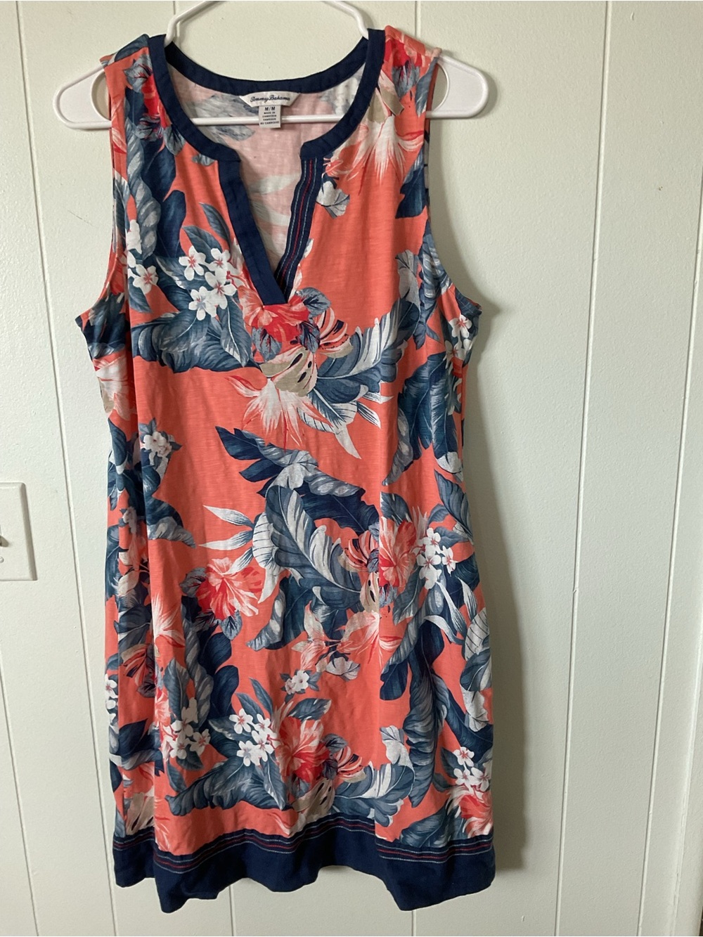 Tommy Bahama Coral Floral Sleeveless Shift Dress with Navy Trim